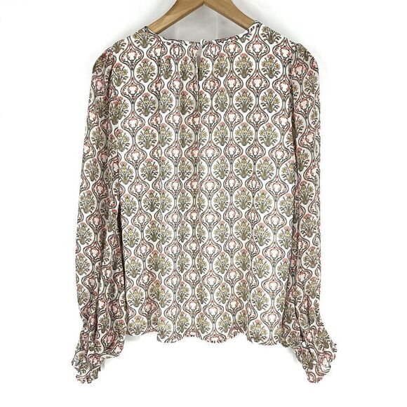 Loft Top Size Small White Tuilerie Floral Print Long Sleeve Ruffle Pleated Shirt - Picture 7 of 11